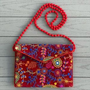 Crossbody Envelope Bag Red Multicolored Embellished Silk